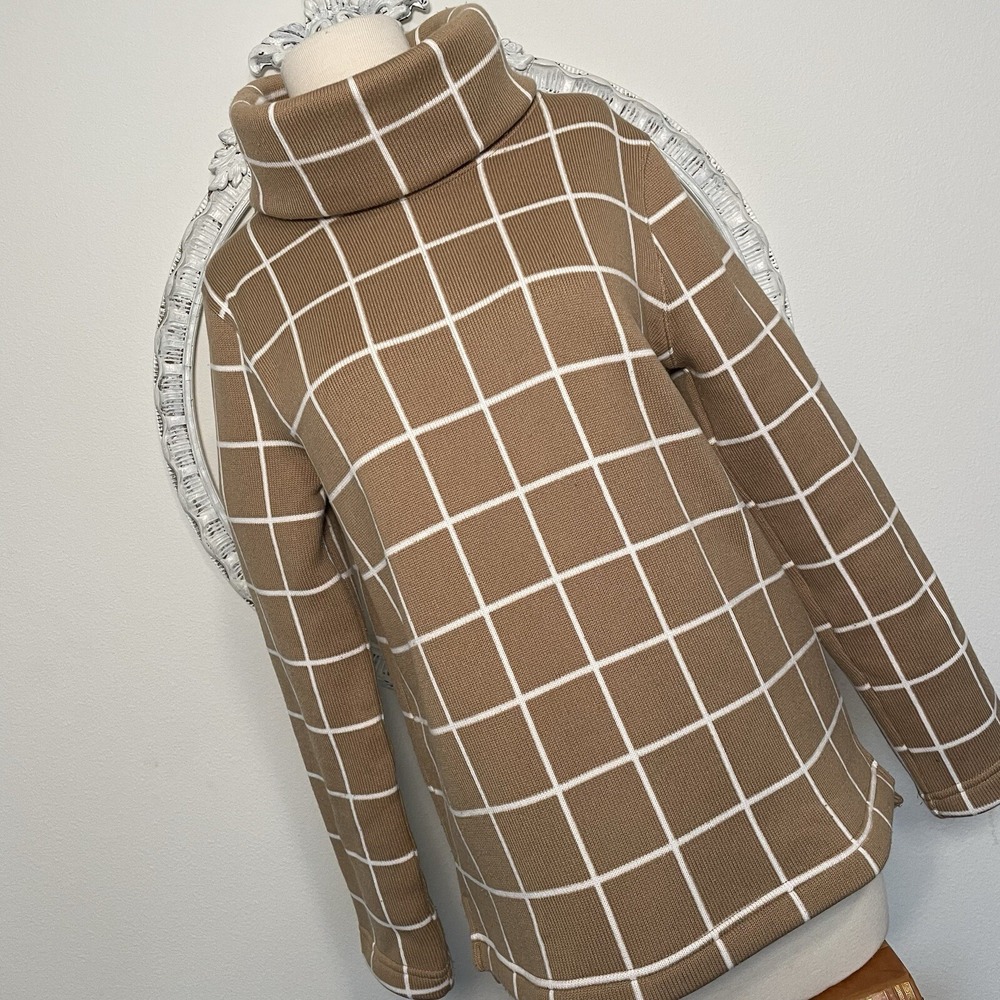 J Crew Women's Tan & White Check Funnel Cowel Turtle Neck Top Sweater Medium